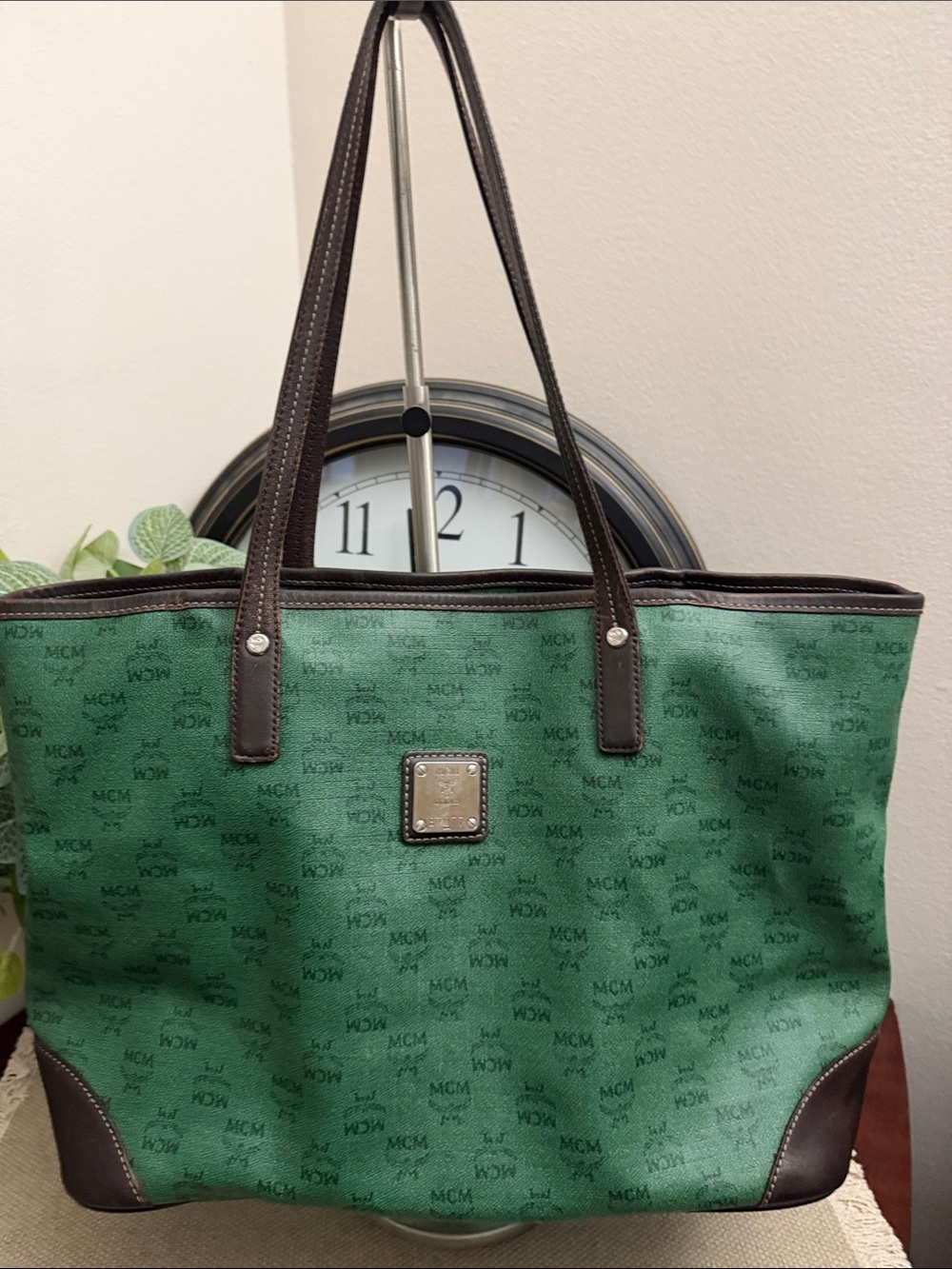 MCM Green Canvas Tote with Dark Brown Leather Trim